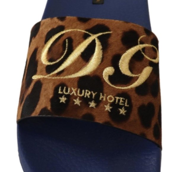 DOLCE & GABBANA Blue Brown Leopard Logo Rubber Slides Slippers Shoes main image 6